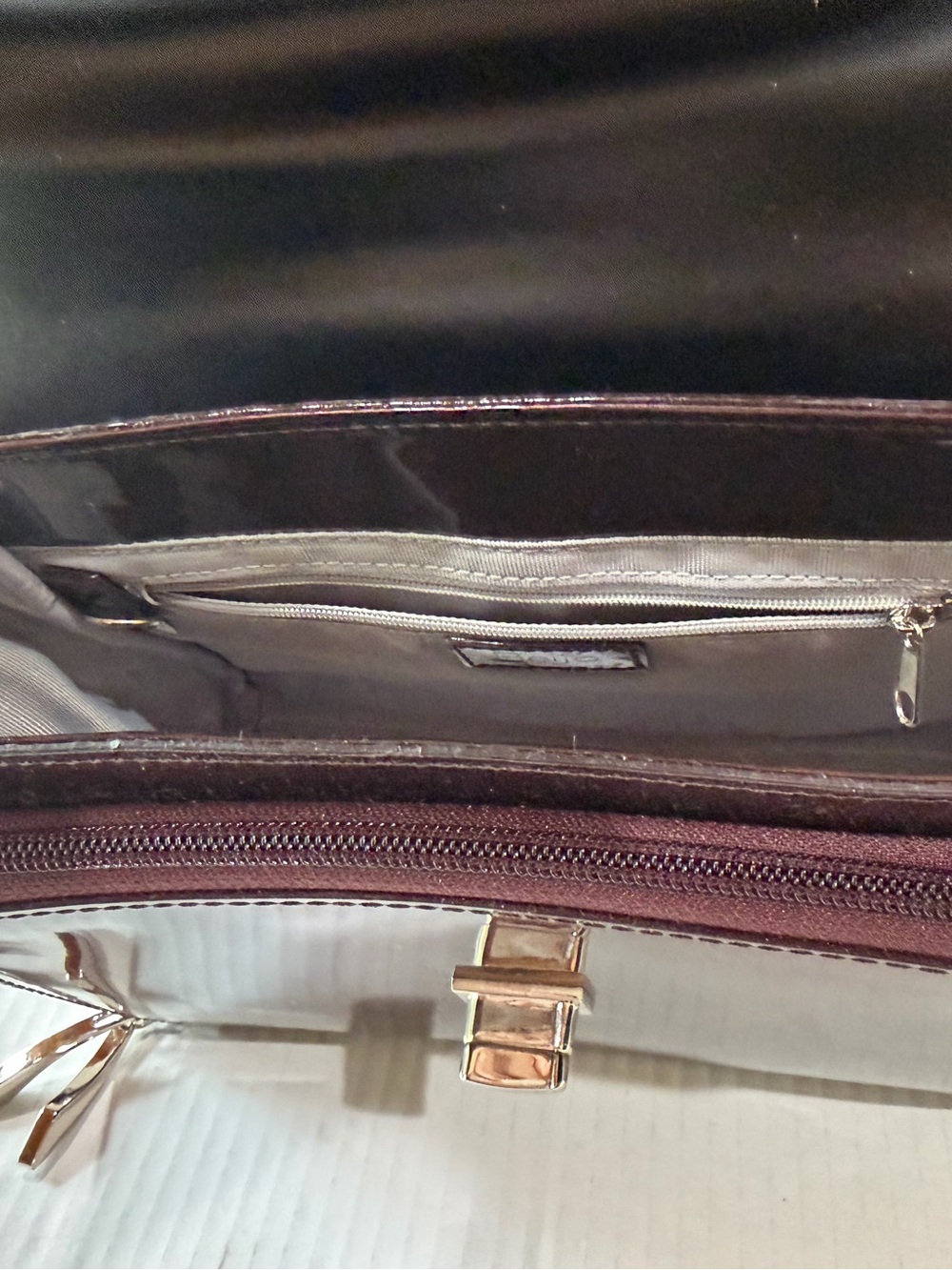 Beigo Metallic Dark Brown Patent Top-Handle Women’s Bag - Picture 7 of 15